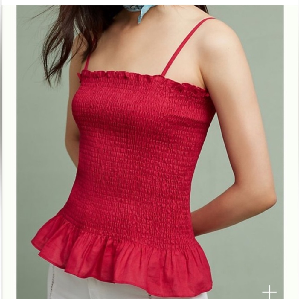 Maeve | Anthropologie pink smocked ruffle spaghetti strap blouse si…